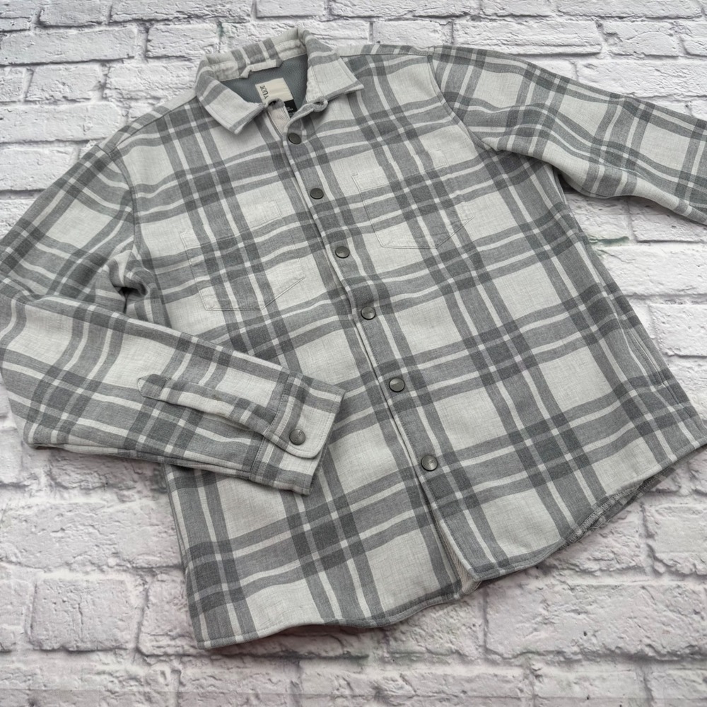 Vuori Mens Range Jacket Grey White Plaid Fleece Lined Snap Front Medium KS-V19